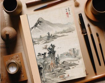 May include: A vintage-style journal with a wood cover and a hand-painted landscape scene of a mountain, trees, and a river. The journal is open to a blank page, and there are two pens and two brushes on the table next to it.