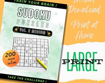 Sudoko Puzzles Printable Digital Download, Large Print for clarity, 200 puzzles & solutions - MEDIUM Level, Instant download, print at home!
