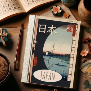 Vintage Japan Themed Hardcover Notebook Journal with traditional Japanese  landscape,  150 ruled pages for lovers of all things Japanese!
