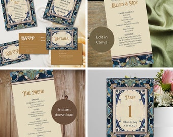 Art Nouveau wedding bundle, instant download, art deco, victorian, wedding invitation, terracotta and navy bleu, Edwardian