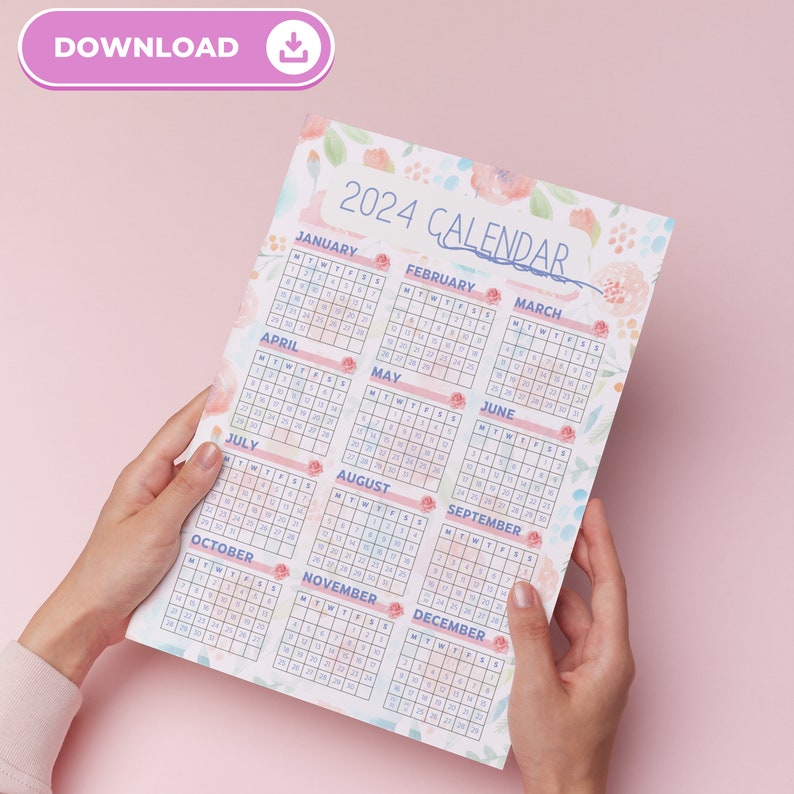 2024 2025 Yearly Calendar Printable, Watercolor Vintage Flowers