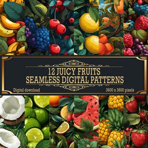 Puede incluir: Doce patrones digitales sin costuras que presentan varias frutas, incluyendo plátanos, cerezas, limones, arándanos, frambuesas, cocos, limas, naranjas, sandías, piñas y fresas. Los patrones son de 3600 x 3600 píxeles y están disponibles para descarga digital.