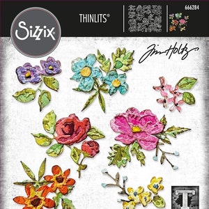 May include: A set of 14 die-cut floral designs for crafting. The dies feature a variety of flowers in different colors, including pink, blue, yellow, and red. The dies are designed to be used with a die-cutting machine.