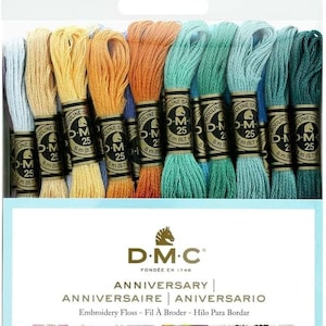 May include: A package of DMC Anniversary embroidery floss in various colors, including blue, yellow, orange, and green. The package includes 36 skeins, each 8.7 yards (7.97 meters) long. The packaging features the DMC logo and the text "ANNIVERSARY".
