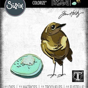 May include: A die-cutting set featuring a brown bird with a light brown belly and a light blue egg. The set includes 11 dies, matrices, troqueles, fustelle, вырубки, stanzen, and cortantes. The set is designed by Jim Holtz and is part of the Sizzix Thinlits Colorize collection.