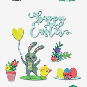 May include: A die-cut set featuring Easter-themed designs. Includes a bunny holding a yellow heart balloon, a chick, flowers, and decorated eggs. The words "Happy Easter" are in a script font. The Sizzix and Thinlits logos are visible.