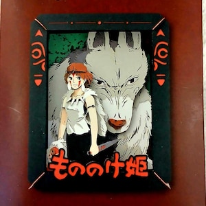 May include: A Paper Theater kit featuring a scene from Princess Mononoke. The image shows a character with a knife and a large wolf. The kit has Japanese text and the Paper Theater logo.