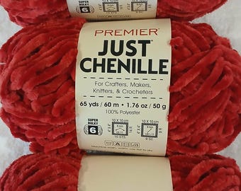 Premier Just Chenille Yarn CRIMSON Red Lot of 3 Skeins
