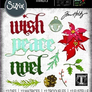 May include: A set of 12 metal dies for crafting, featuring a Christmas theme with the words "wish", "peace", and "noel" in a gothic font, along with a poinsettia flower, a bell, and pine branches. The dies are designed for use with a die-cutting machine.