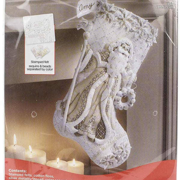 Kit de apliques de calcetín navideño de fieltro Bucilla de 45 cm de largo, elegante Papá Noel navideño