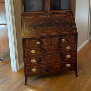 Stunning Flame Mahogany Colonial Reproduction Slant Front Secretary with Gothic Bookcase by Landstrom