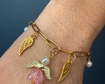 Gold Angel Charm Bracelet: Pearl & Wing Charms, Memorial Jewelry