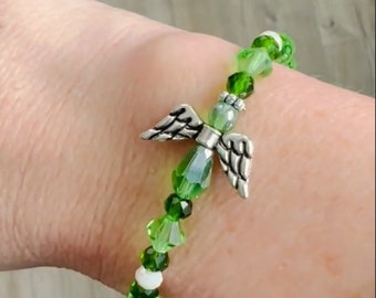 Pulsera elástica de cuentas de ángel verde: joyería conmemorativa hecha a mano