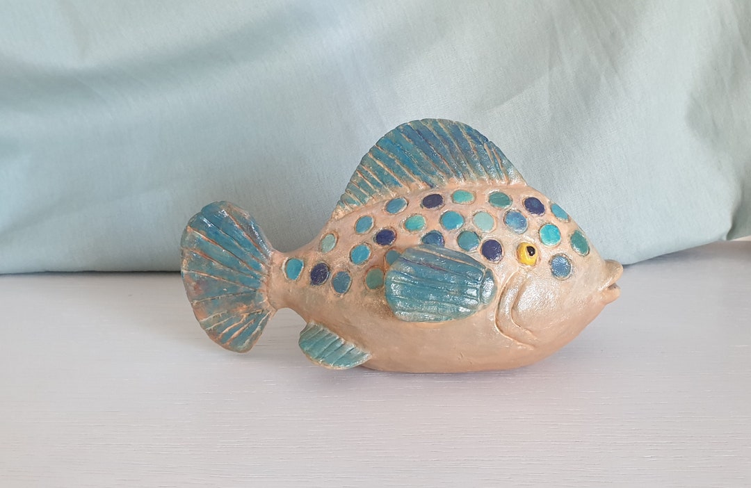 Image showcasing Beige and Blue Fish Ceramic Sculpture - Etsy