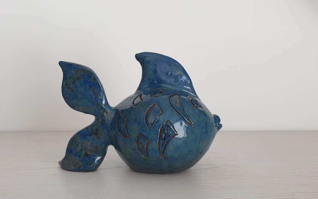 Image showcasing Blue Fish Ceramic Sculpture - Etsy