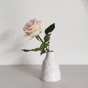 Puede incluir: Una sola rosa de color melocotón con hojas verdes en un jarrón de cerámica blanca con superficie texturizada.