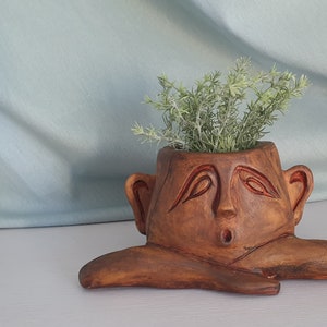 Peut inclure: Un pot en céramique brun en forme de visage avec une plante qui pousse au sommet. Le pot a un visage sculpté avec des yeux fermés, un nez et une bouche.