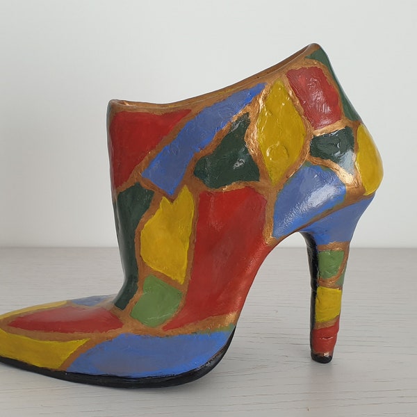 sculpture céramique chaussure bottine à talon multicolore