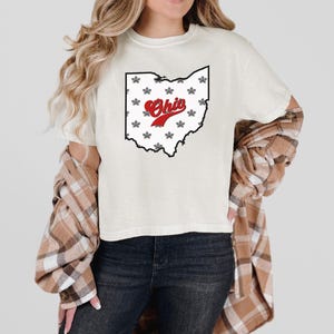 Slightly cropped state of Ohio spirit wear for fall football tee, gift for her, buckeyes black and white