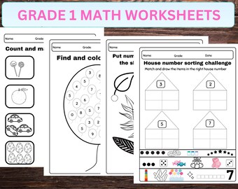 Grade 1 math, Counting, matching items, Kindergarten, math worksheets, digital download, addition