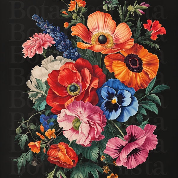 Red, Pink, Blue, Orange - Vintage Botanical Print Set