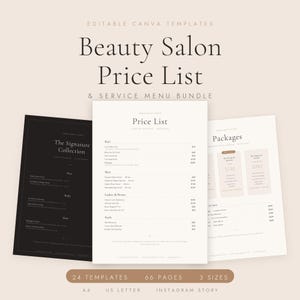 May include: A set of three editable Canva templates for a beauty salon price list and service menu bundle. The documents feature black and white layouts with serif typography, listing various hair, skin, lash, brow, and nail services.