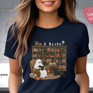 Retro Geister-Lese-Hemd, Bibliothekar-Halloween-Lehrer-Geschenk Navy