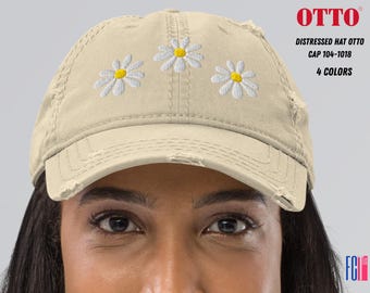Embroidered Daisy Hat: Distressed Cotton Twill, Floral Design