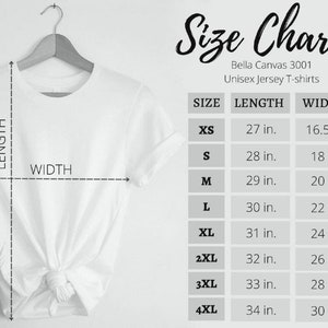 May include: Size chart for Bella Canvas 3001 unisex jersey t-shirts. The chart shows sizes XS through 4XL with corresponding length and width measurements in inches.