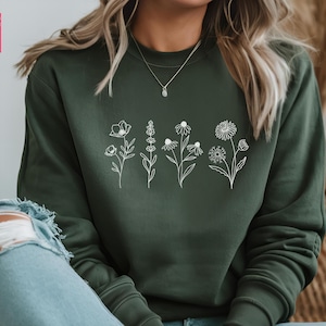 Wildflower Print Crewneck Sweatshirt: Floral Line Art