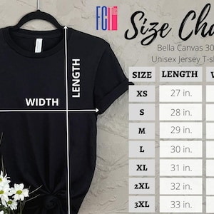 以下が含まれることがあります： Bella Canvas 3001 ユニセックスジャージTシャツのサイズチャート。チャートは、XS、S、M、L、XL、2XL、3XLのサイズの長さと幅をインチで示しています。