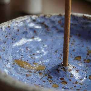 Handmade Ceramic Incense Holder - Pedestal Bowl with Blue Speckled Glaze