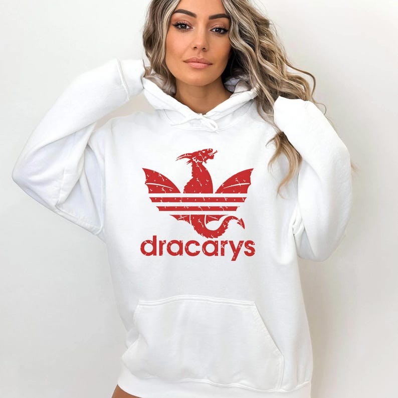 May include: White hoodie with a red dragon graphic and the text "dracarys" in red.