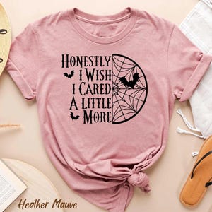May include: A heather mauve t-shirt with a black spiderweb and bats graphic. The text on the shirt reads "Honestly I wish I cared a little more".