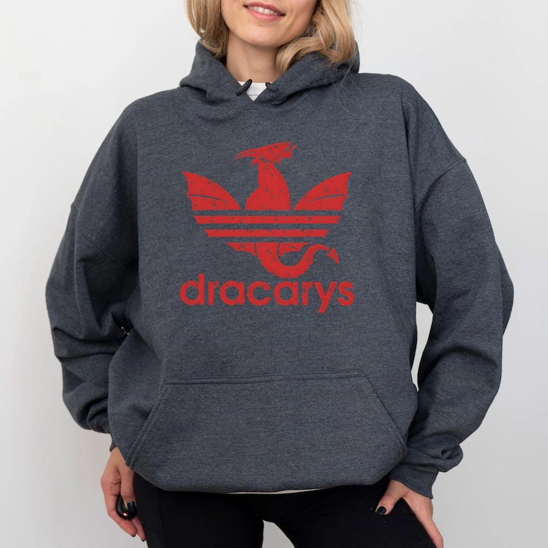 May include: A dark gray hoodie with a red dragon logo and the text "dracarys" printed on the front.