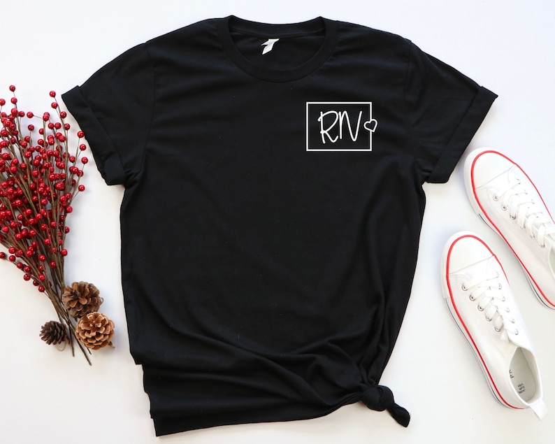 May include: Black t-shirt with a white square on the front that says "RN" with a small heart next to it.