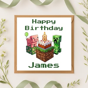 May include: A square greeting card featuring pixelated Minecraft-style graphics. The text reads Happy Birthday James. A pink pig, a green creeper, and a birthday cake with a candle shaped like the number 8 sit on a block of grass.
