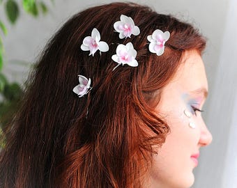 Bridal Hair Pins White Orchids set of 5: Floral Jewelry Hair Piece Hawaiian Wedding