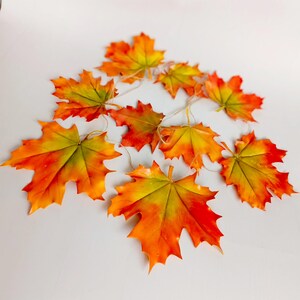 May include: A garland of artificial maple leaves in autumnal colours. The leaves are a mix of orange, red, and yellow, strung together with twine. Ideal for seasonal decorations, the leaves are arranged in a decorative pattern.