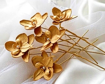 Bridal Hair Pins Golden Mini Orchid Jewelry: Art Deco Wedding Floral Hairpiece Set of 5