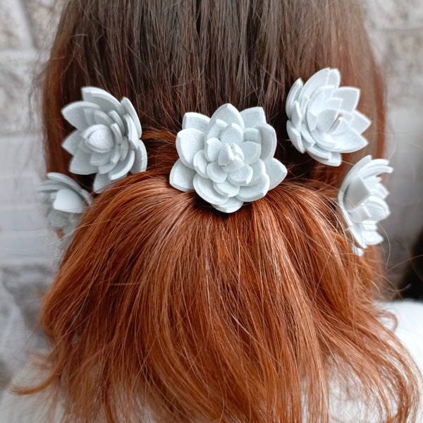 Mini Succulents white hair pins. Bridal hair piece set of 5. Wedding romantic headpiece. Flower hair pins. Floral hair pins Hair accessories