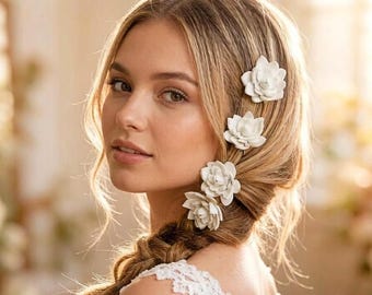 White Succulent Hair Pin Wedding Set of 5: Bridal Floral Jewelry Hair Piece