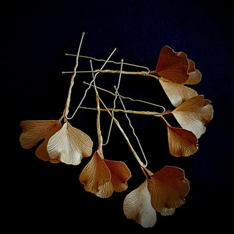 Bridal hair pins with gold ginkgo leaves. Head piece for art deco wedding. Floral hairpieces set. image 3