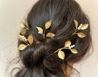 Gold Leaf & Pearl Bridal Hair Pin Set of 5: Art Deco Wedding Headpiece