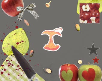 May include: A collage featuring a red apple with a bow, a green leaf with red splatters, a knife, apple seeds, and two apples with heart-shaped cutouts. The background is a dark gray.