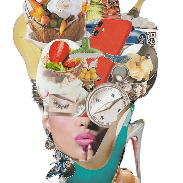 Custom Trendy Woman Shoe and Compass Composition Collage Digital Print (2x Sizes)