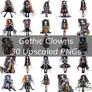 Vibrant Gothic Clowns Clipart Bundle Featuring Colorful Characters in Unique Outfits and Expressions - PNG Format