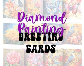 May include: A collection of diamond painting greeting cards featuring floral and butterfly designs. The cards showcase various flowers, butterflies, and birds, with the words "Diamond Painting Greeting Cards" in a purple and black font.