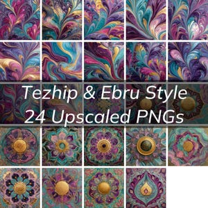 May include: A collection of 24 upscaled PNGs in the Tezhip & Ebru style. The images feature vibrant, abstract patterns in shades of purple, teal, gold, and pink. Some images have a swirling, marbled effect, while others display floral-like designs.