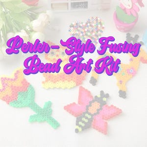 May include: A Perler-Style Fusing Bead Art Kit is displayed, featuring colorful fused bead creations. The image showcases a variety of designs, including a heart, a deer, a butterfly, a flower, and a fox. The text "Perler-Style Fusing Bead Art Kit" is overlaid on the image.